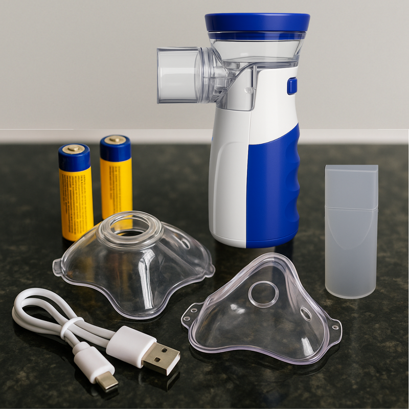 NEBULIZADOR PORTÁTIL COM 2 MÁSCARAS E 1 BICO - PARA TODAS AS IDADES