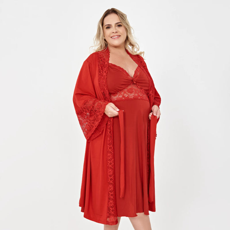 Kit Plus Size Camisola Amamentação Gestação e Robe luxo Renda